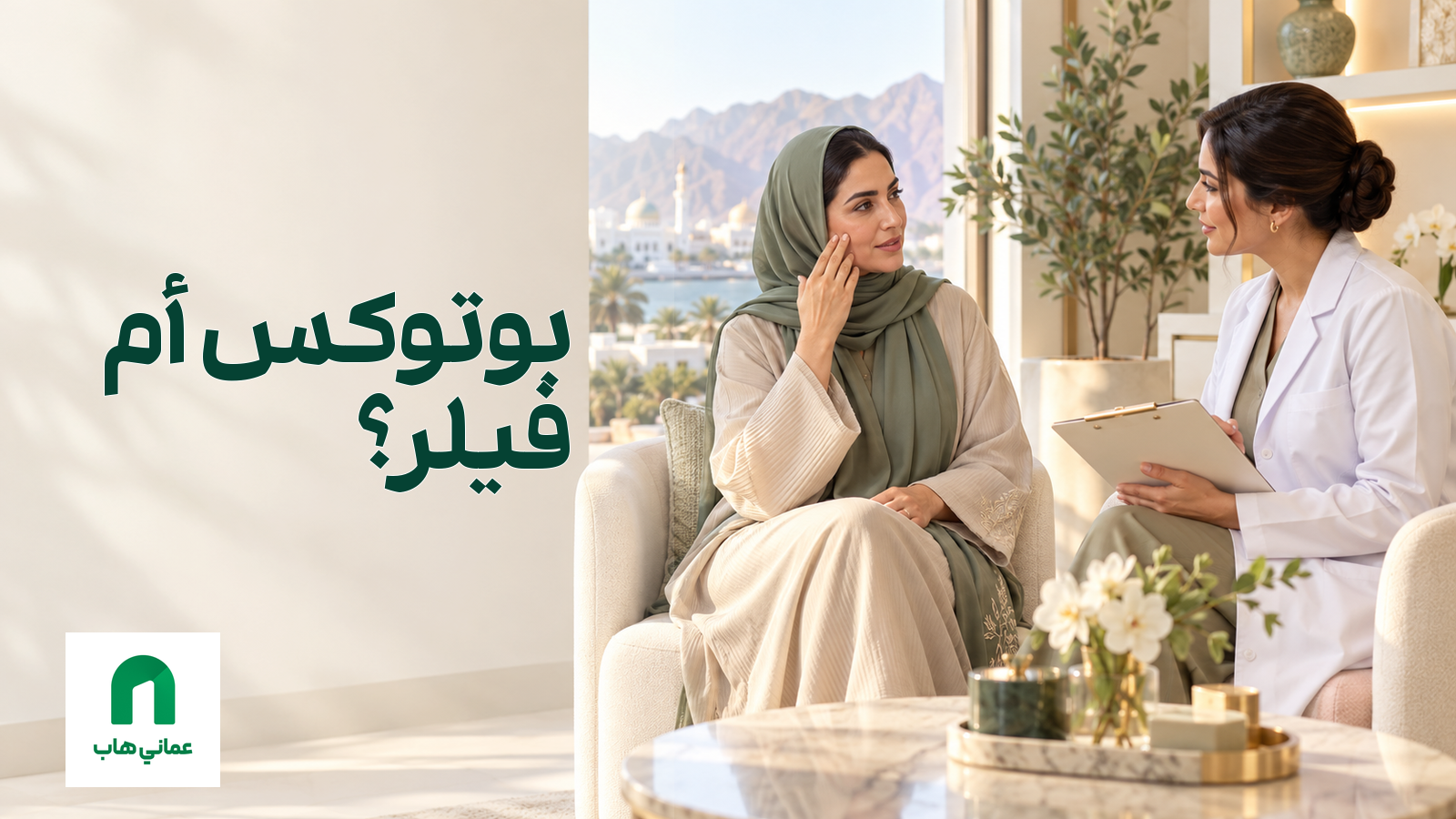 صورة توضيحية لامرأة تناقش خيارات البوتوكس والفيلر مع مختصة خلال استشارة
