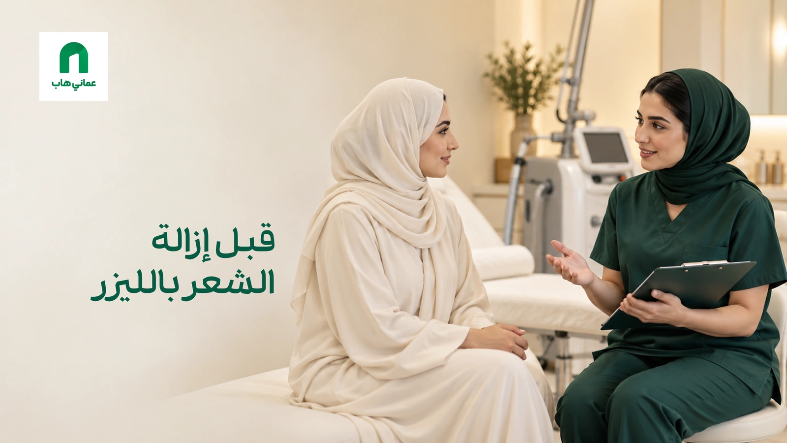 مشهد توضيحي لاستشارة إزالة الشعر بالليزر مع ممارِسة ومراجِعة؛ ليس مركزًا موثقًا