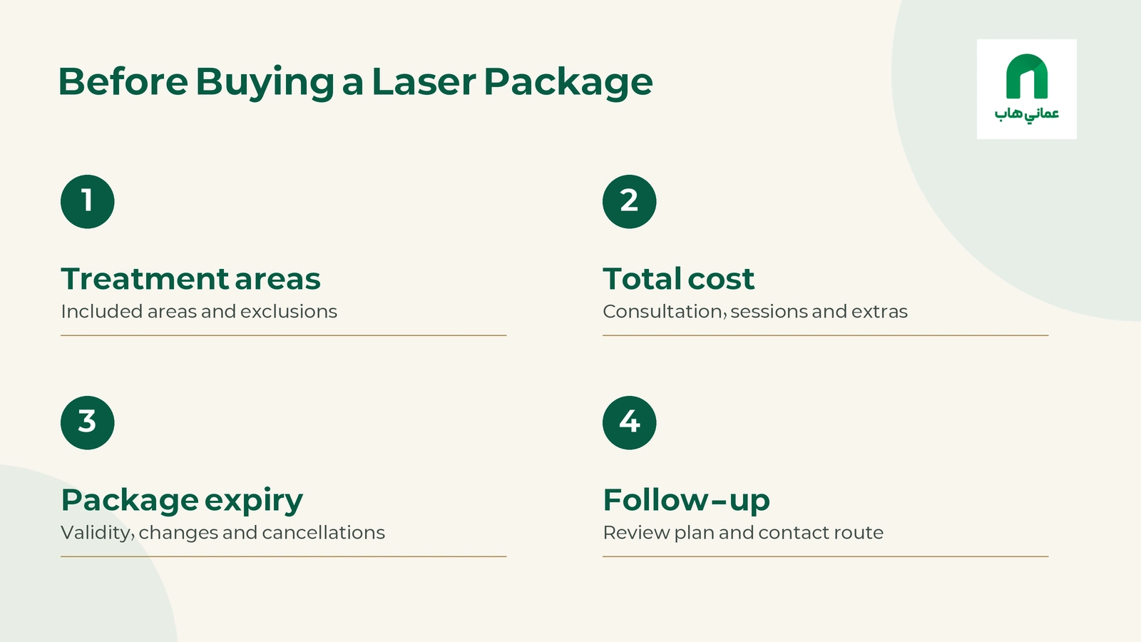 Original decision aid: confirm areas, total cost, expiry and follow-up before buying a laser package