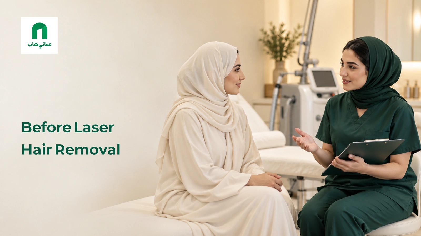 Illustrative laser hair removal consultation with a practitioner and patient; not a verified clinic