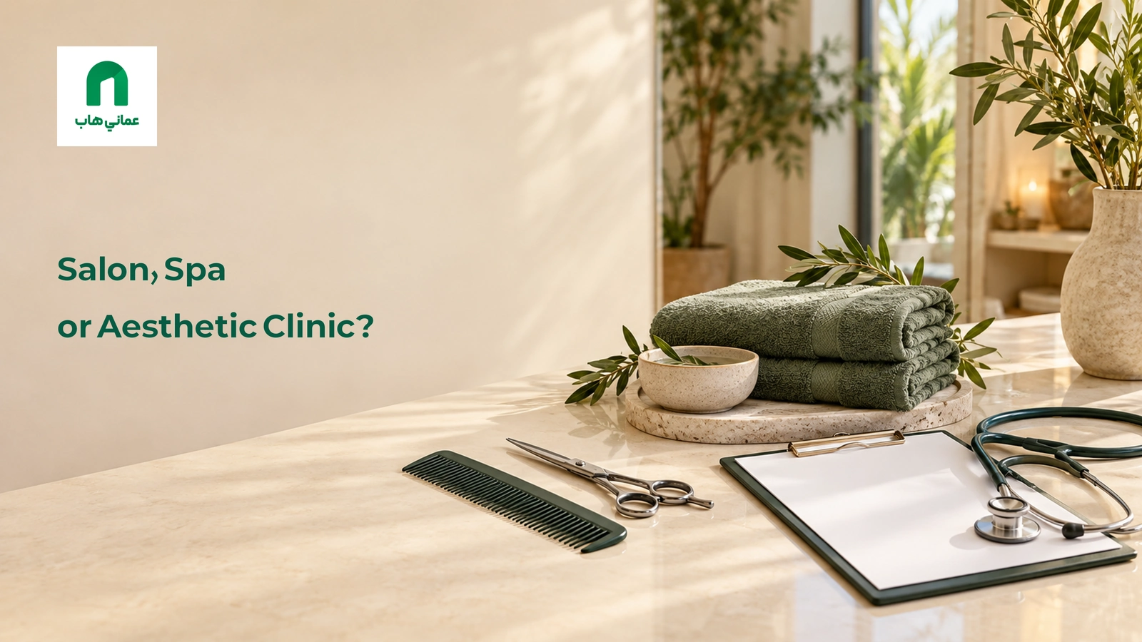 Illustrative styling tools, spa towels and consultation clipboard; not a verified venue